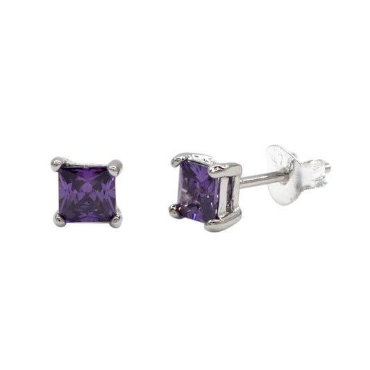 925 Sterling Silver 4mm square purple cubic zirconia stud earring