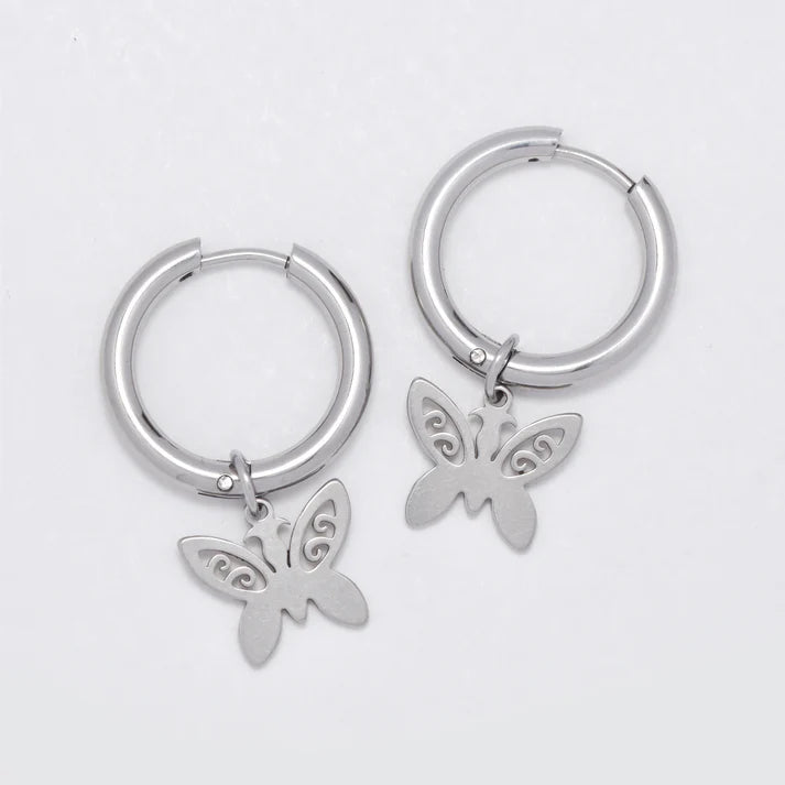 Silver stainless steel 19mm hoop with butterfly charm