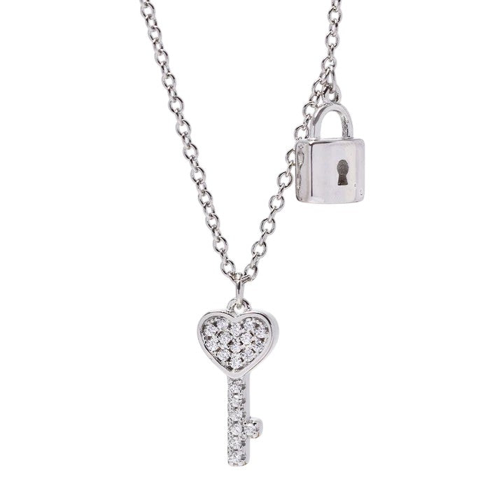 925 Sterling Silver cubic zirconia heart key and padlock charms attached to chain