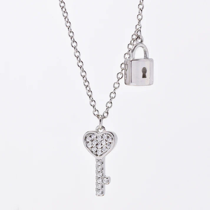 925 Silver cubic zirconia heart key and padlock charms attached to chain