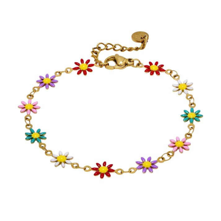 Stainless Steel bracelet with multi colour enamel flower 15cm + 3cm