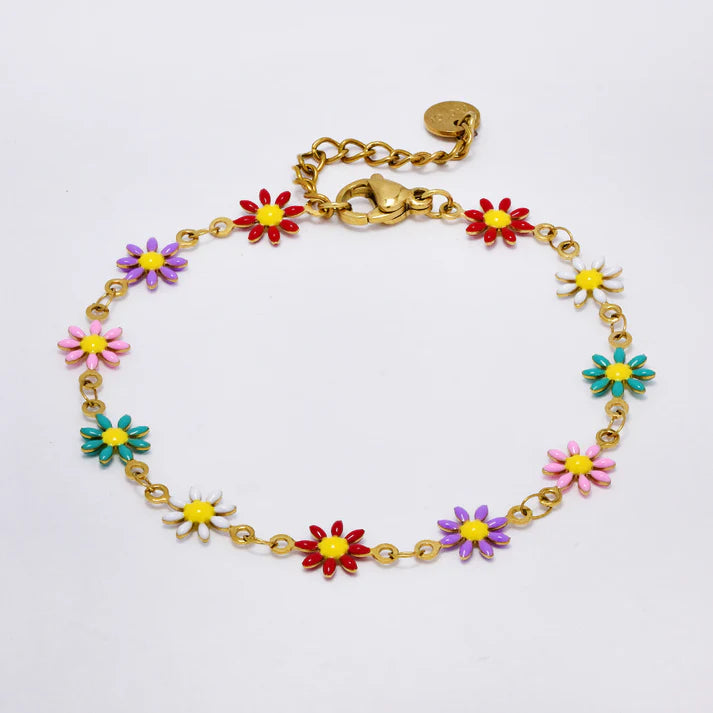 Multi colour enamel flower stainless steel bracelet
