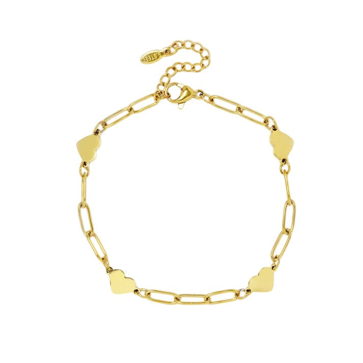 Gold Stainless Steel heart disk charm paperclip bracelet 16cm + 3.5cm