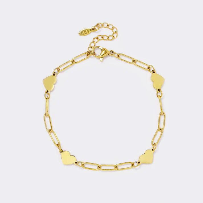Gold stainless steel heart disk charm paperclip bracelet