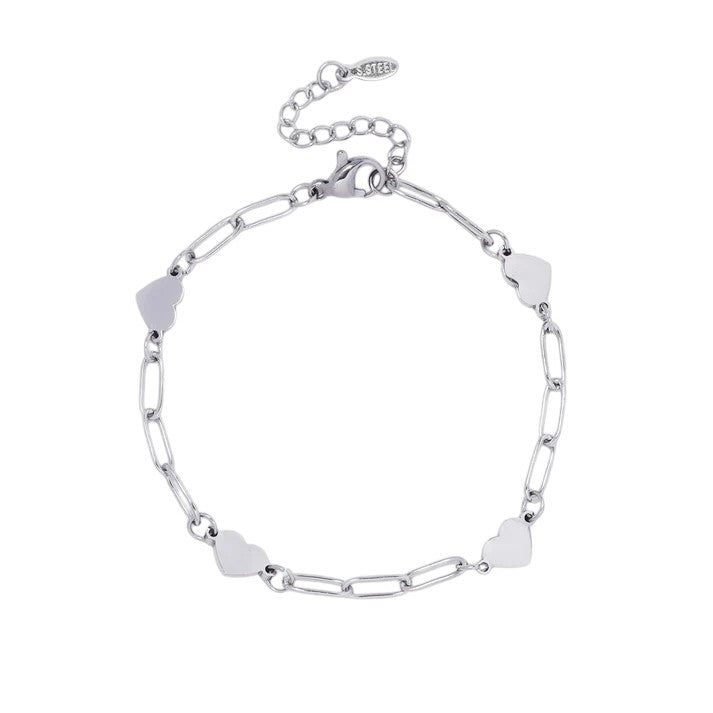 Silver Stainless Steel heart disk charm paperclip bracelet 16cm + 3.5cm