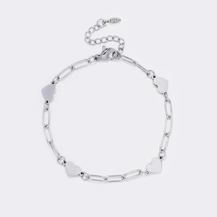 Silver stainless steel heart disk charm paperclip bracelet