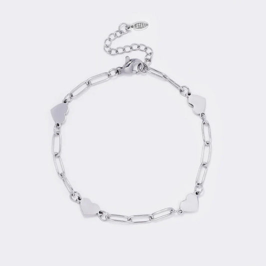 Silver stainless steel heart disk charm paperclip bracelet