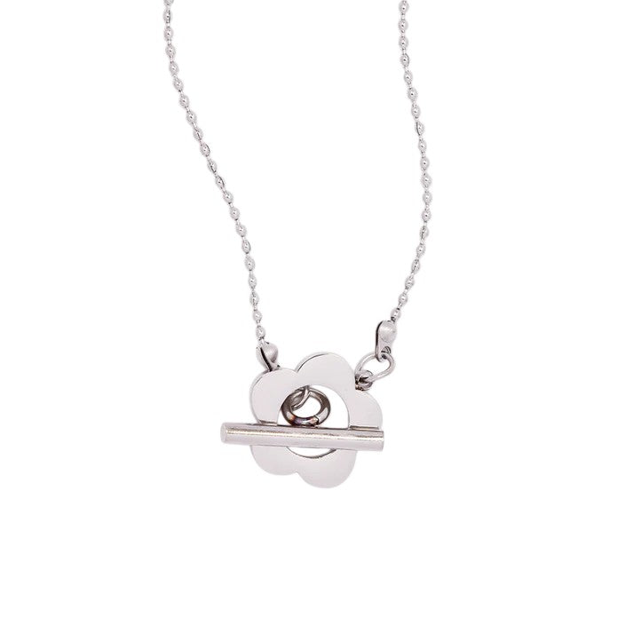 Silver Stainless Steel cutout flower toggle necklace
