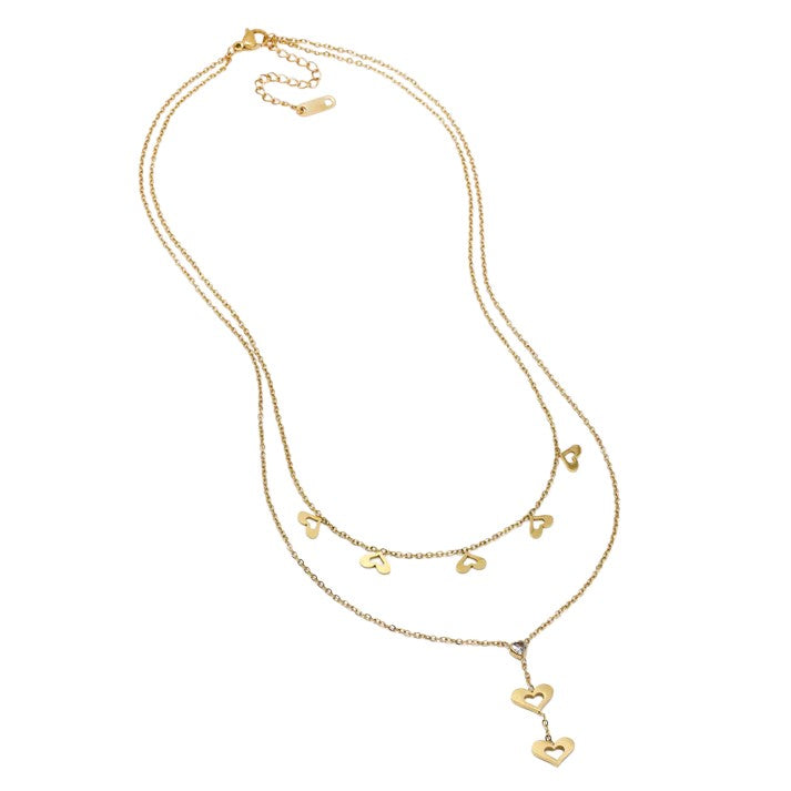 Stainless Steel 45cm + 5cm layered heart & cubic zirconia drop necklace