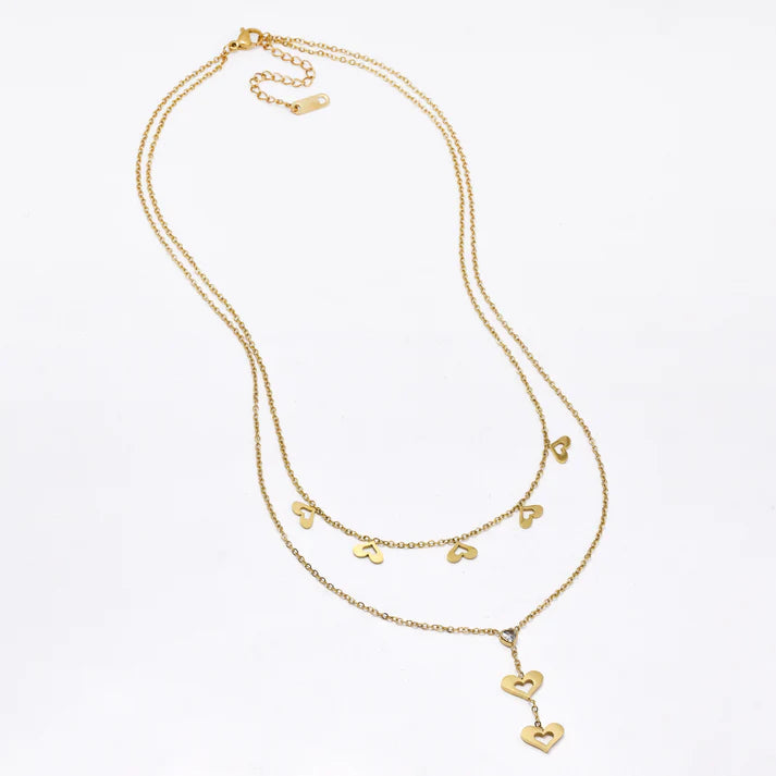 Stainless steel 45.5cm + 5cm layered heart & CZ drop necklace
