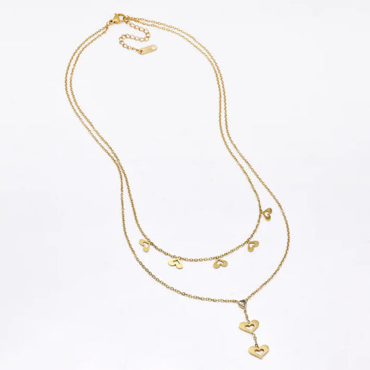Stainless steel 45.5cm + 5cm layered heart & CZ drop necklace