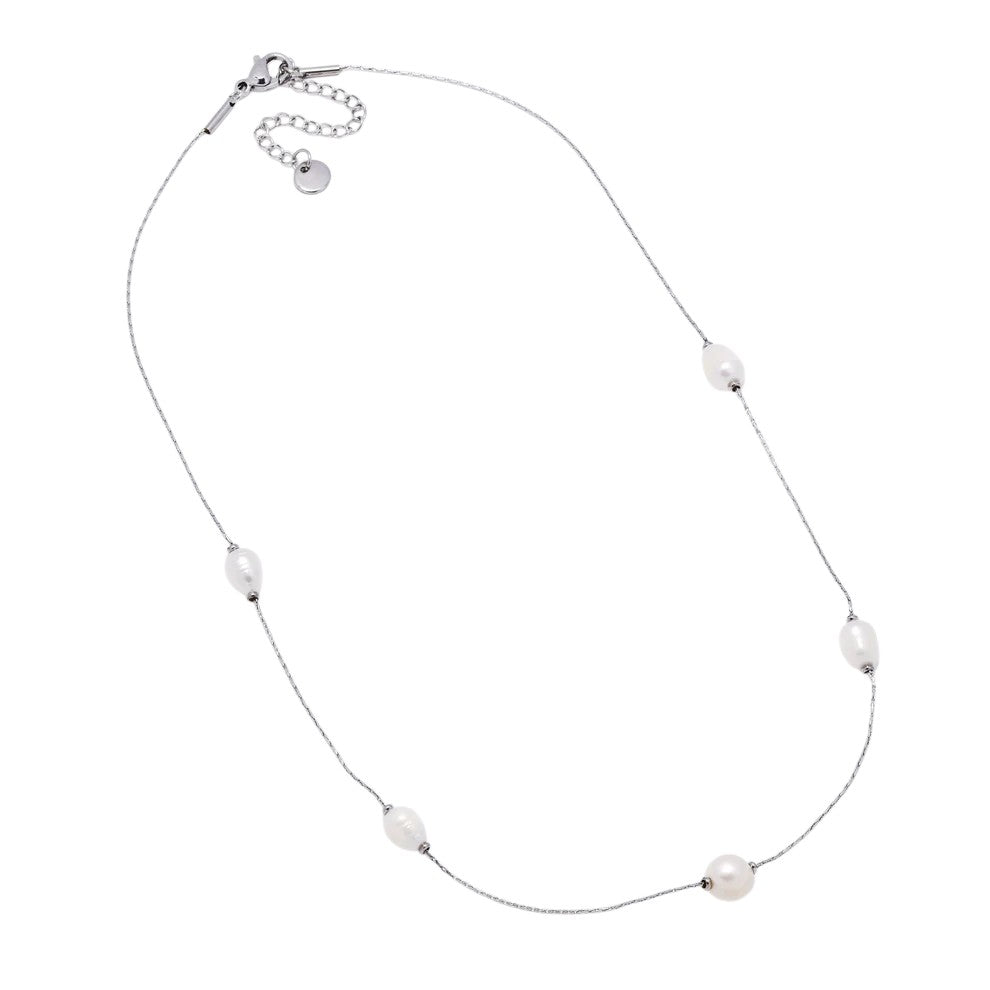 Silver Stainless Steel freshwater pearl necklace 38cm + 5cm