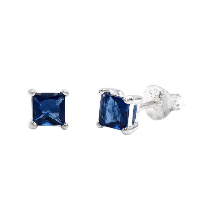 925 Sterling Silver 4mm square blue cubic zirconia stud earring
