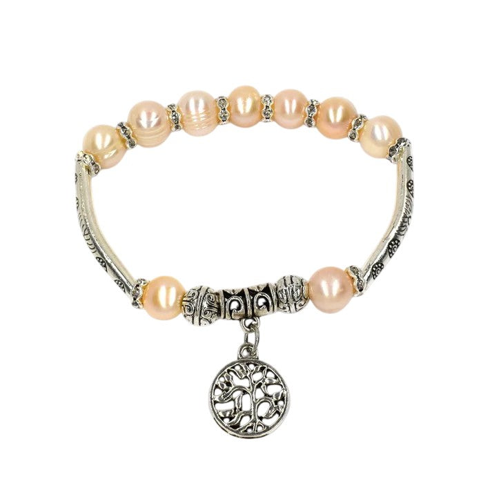 Freshwater Pearl stretch tree of life charm bracelet