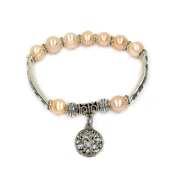 Freshwater pearl stretch tree of life charm bracelet